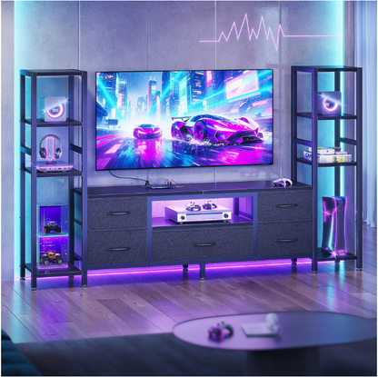 Casacomoda TV Stand for 40–50 " TV, Entertainment Center with LED Lights & Power Outlets, 71" TV Console with 5 Fabric Drawers and Open Shelves for Living Room or Bedroom, Black