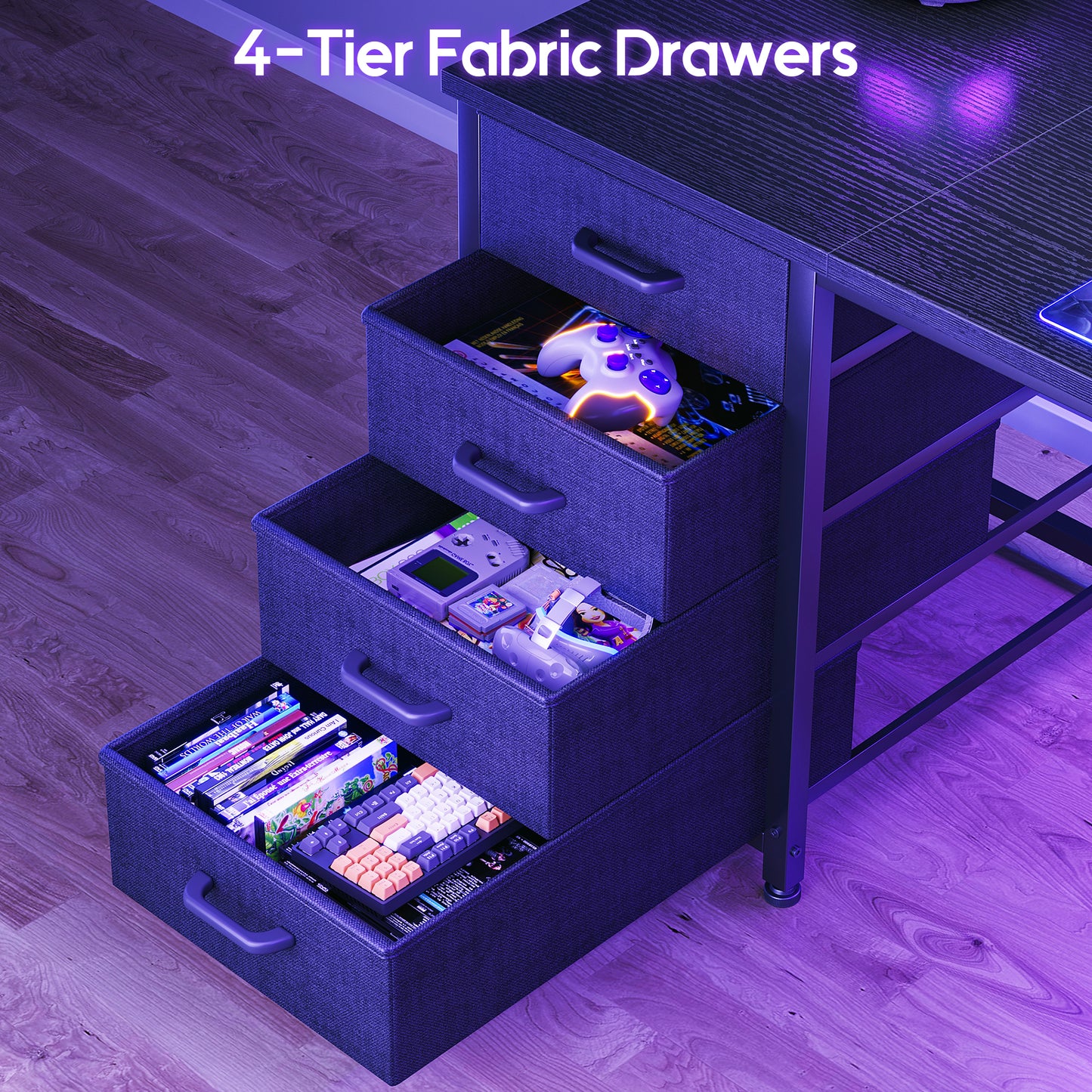 Casacomoda 59" L-Shaped Gaming Desk with 4 Fabric Drawers, LED Lights & Power Outlets, Reversible Corner Computer Desk with Hutch, Shelves & Pegboard for Home Office, Blac