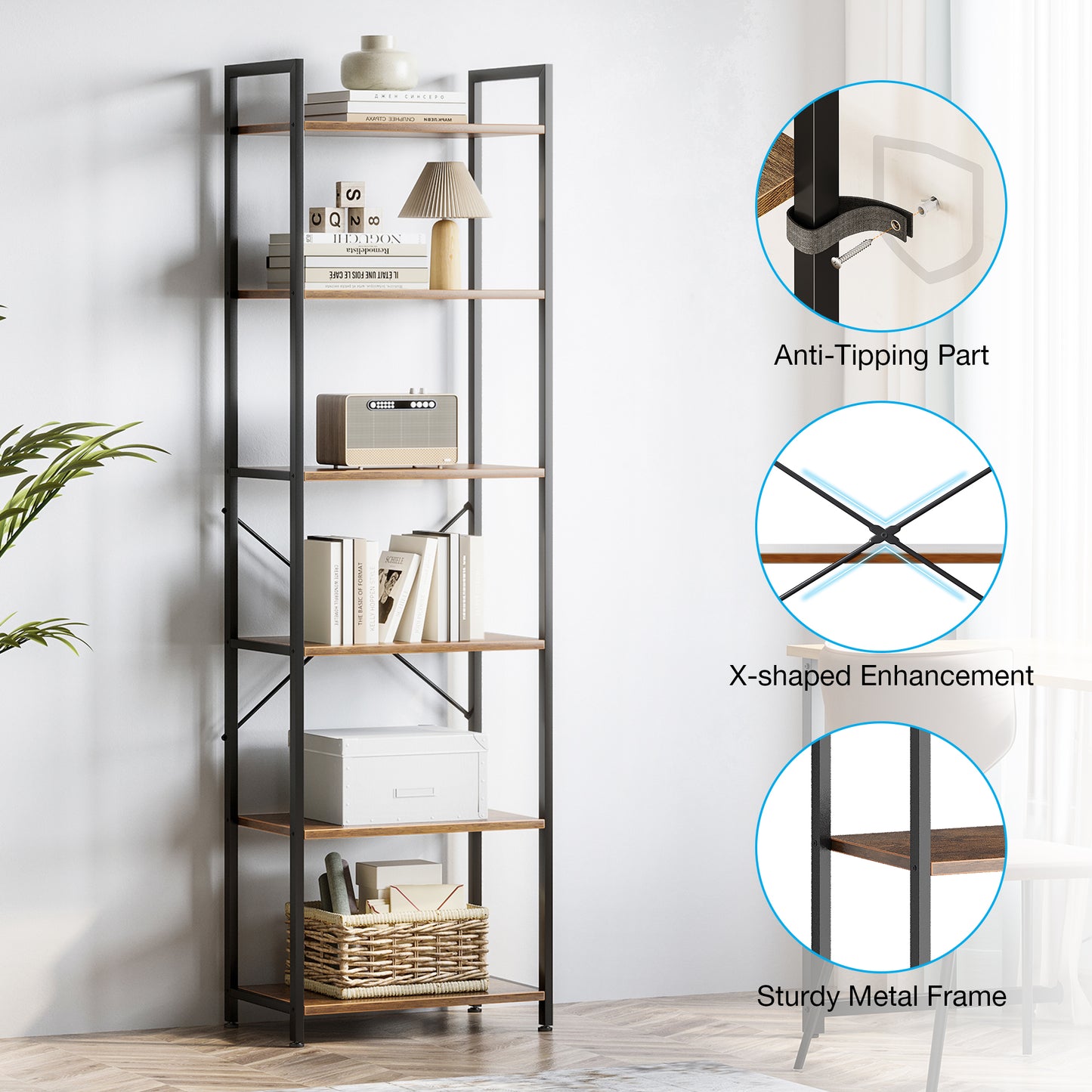 6-Tier Bookshelf, Tall Book Shelf, Home Office Bookcase for Bedroom, Living Room, Storage Shelf, Vintage