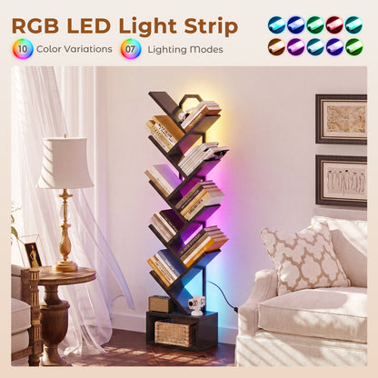 Casacomoda 8 Tier Tree Bookshelf, Bookcase with LED Lights, Display Floor Standing Storage Shelf, Book Organizer Shelves for Home Office, Living Room, Black