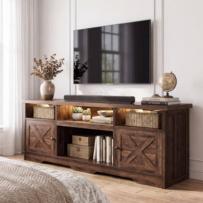 Casacomoda Farmhouse LED TV Stand for 80 inch TVs, Entertainment Center with Power Outlet, Media Console with Storage Cabinets and Shelves, Walnut