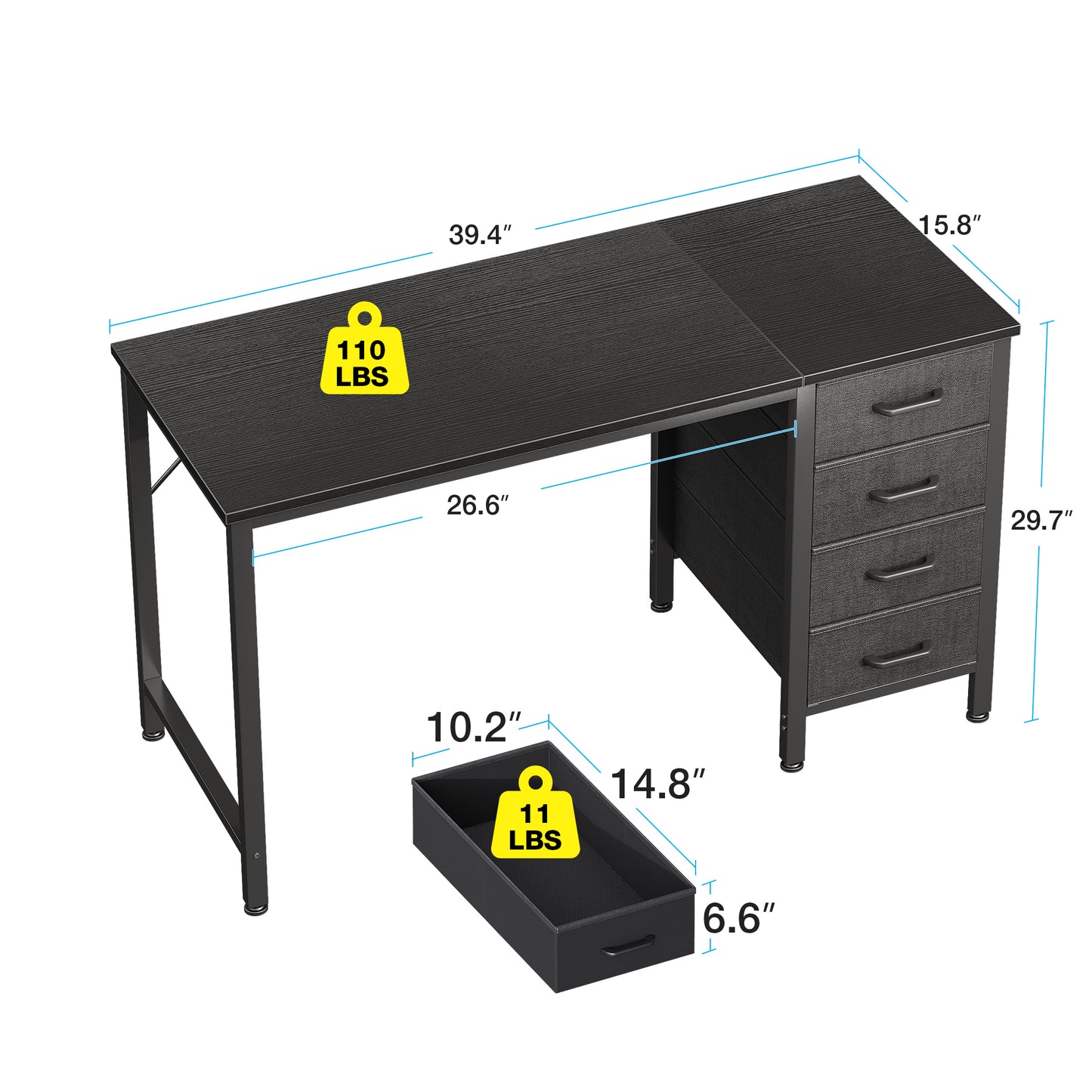 Casacomoda Computer Desk with 4 Storage Drawers , Writing Desk for Home Office, Study Work Table for Bedroom and Small Space, Black