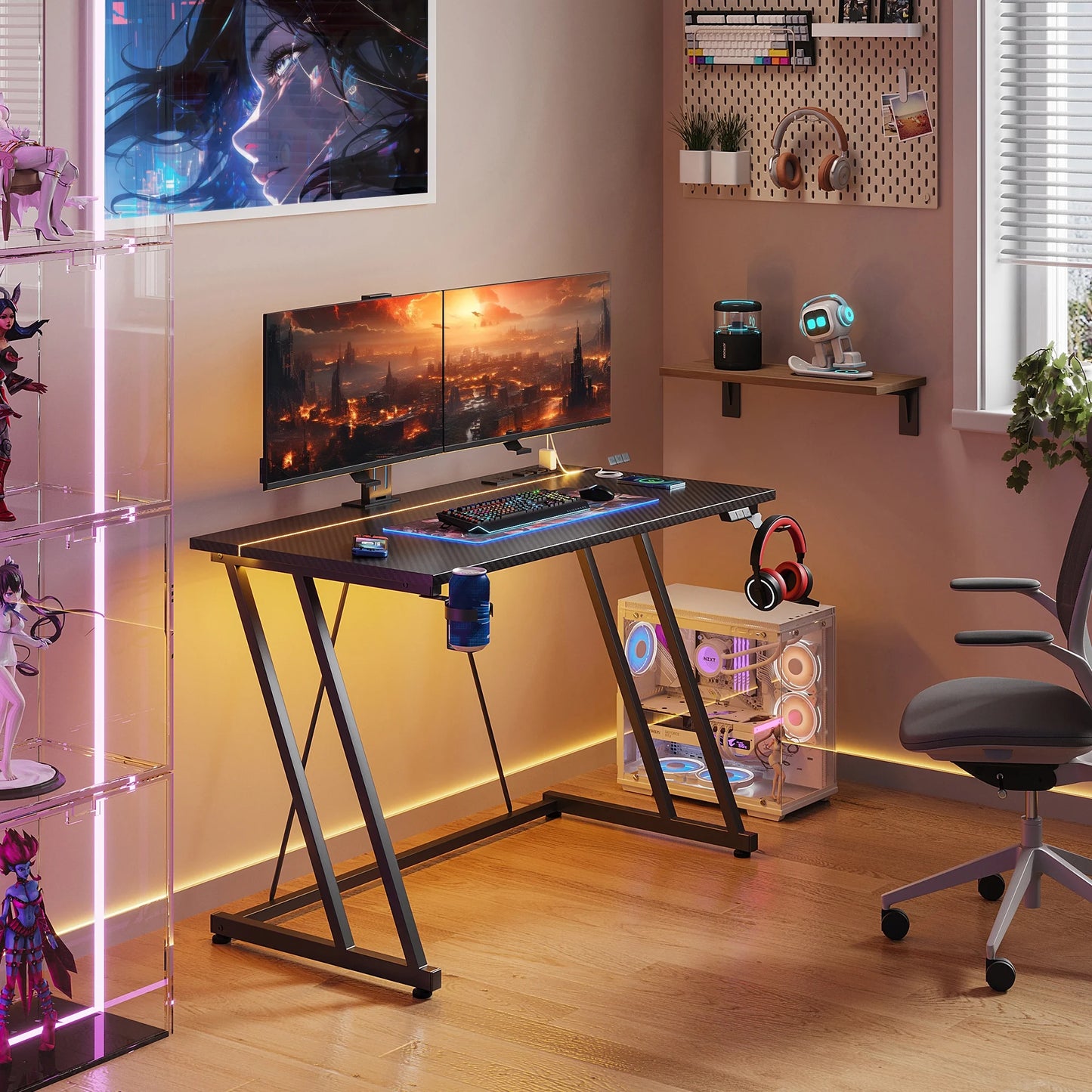 31.5 inch Gaming Desk with Z-Leg Design, Computer Desk with LED Light & Power Outlet, Gaming Table Suitable for Small Space, Black