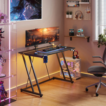 31.5 inch Gaming Desk with Z-Leg Design, Computer Desk with LED Light & Power Outlet, Gaming Table Suitable for Small Space, Black