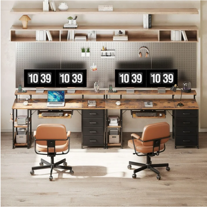 Casacomoda 55 inch Office Desk with Power Outlet and Adjustable Monitor Stand, Computer Desk with Fabric Drawer and Keyboard Tray, Gaming Desk with LED Light & PC Stand, Vintage