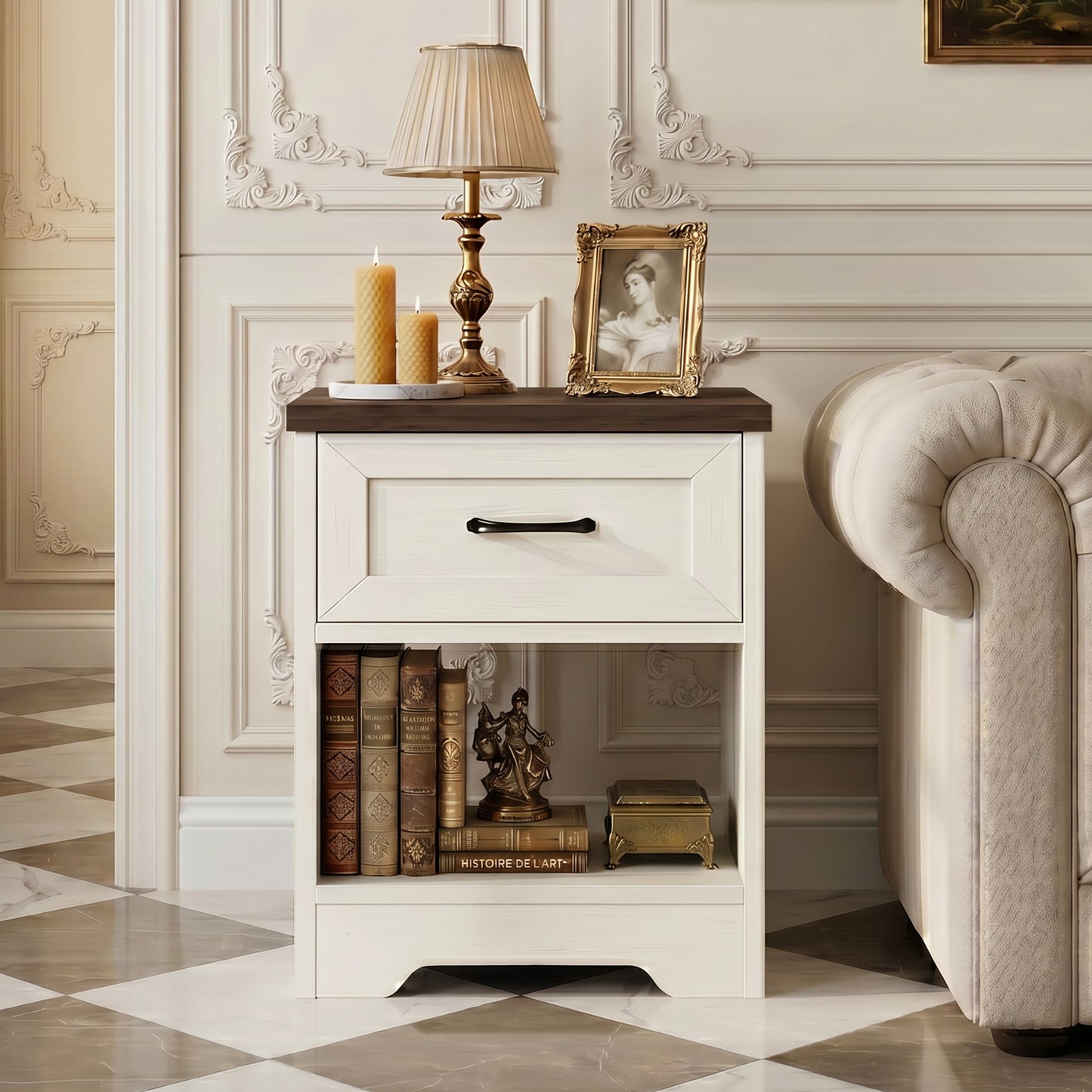 Nightstands Set of 2, Farmhouse Bedside Tables with Drawer and Open Shelf, Night Stands for Bedroom, End Tables, Side Tables, Dark Walnut & White