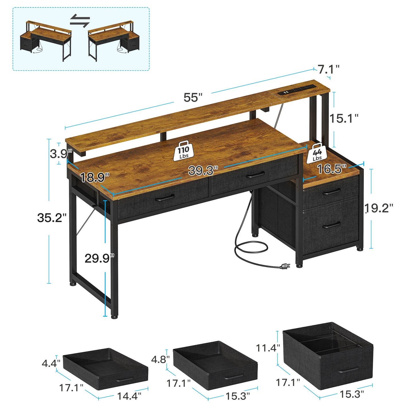 Computer Desk with 4 Drawers, 55 Inch Reversible Desk with Power Outlet, Home Office Desk with File Drawer & Monitor Stand, Vintage