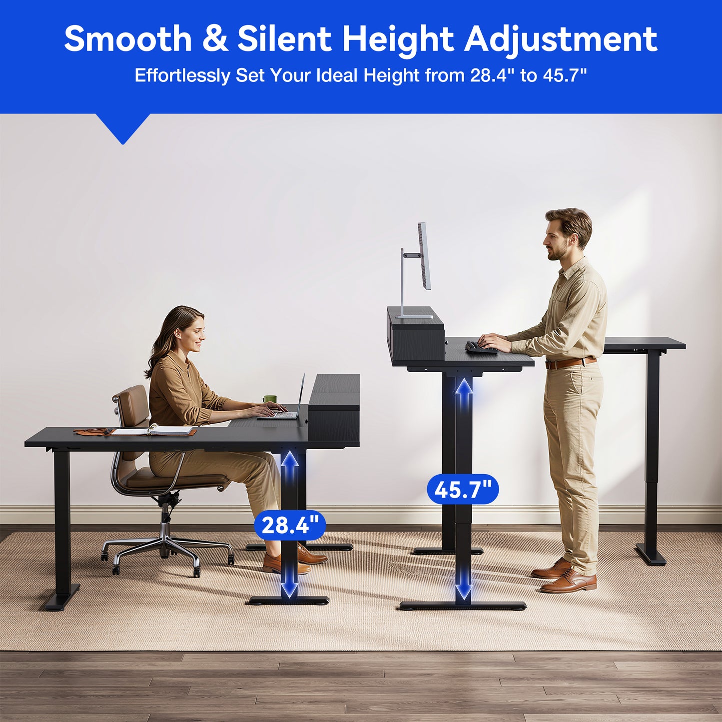 L-Shaped Electric Standing Desk, Height Adjustable Corner Desk with Fabric Drawers, Computer Desk with Monitor Shelf & Keyboard Tray, 3 Power Outlets & 2 USB Ports, Black