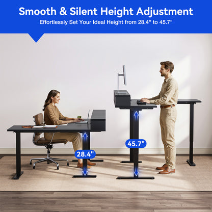 L-Shaped Electric Standing Desk, Height Adjustable Corner Desk with Fabric Drawers, Computer Desk with Monitor Shelf & Keyboard Tray, 3 Power Outlets & 2 USB Ports, Black