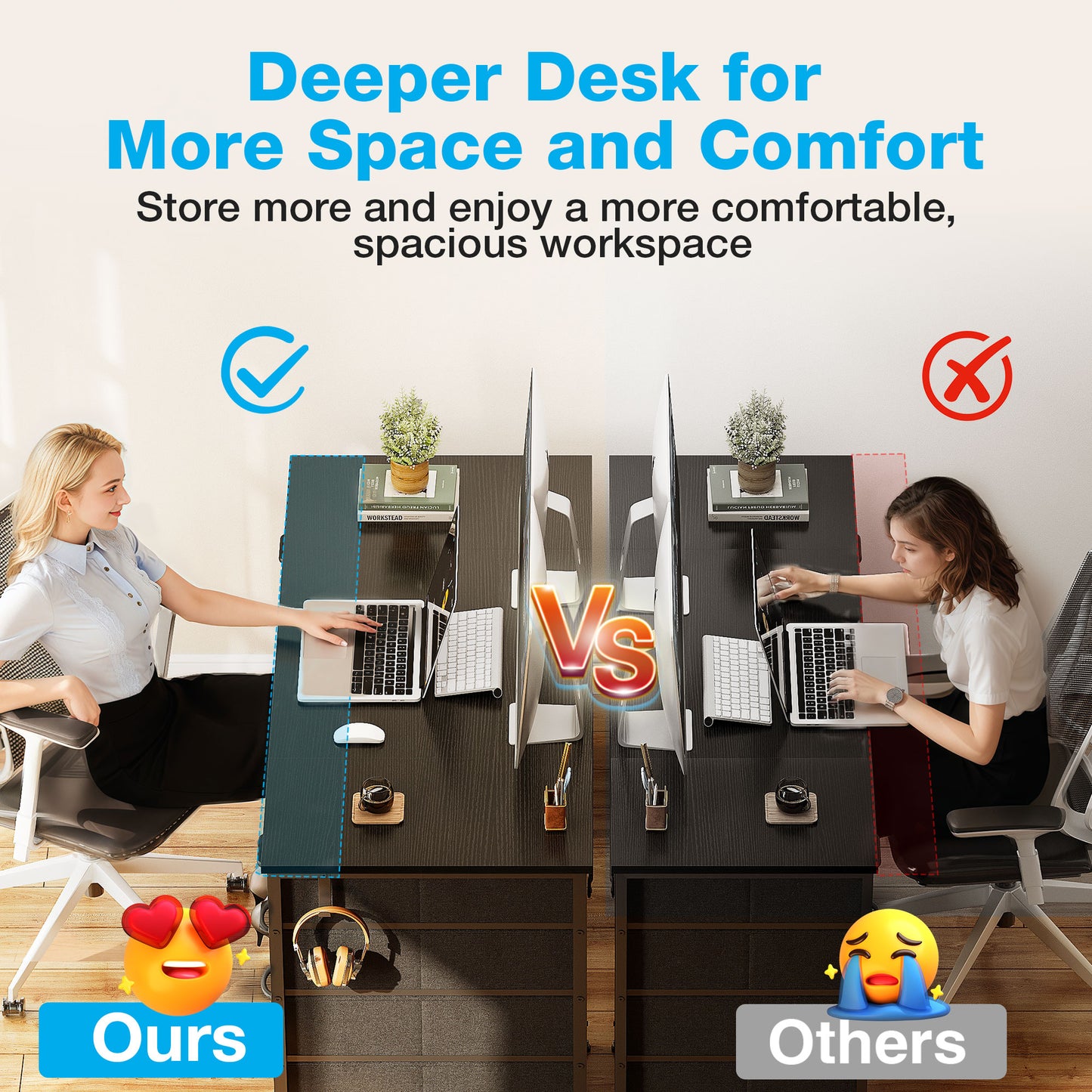 Black Computer Desk with Drawers for Storage - 48 inch Home Office Desk with 8 Fabric Drawers, Writing Study Desk with Drawers on Both Sides for Bedroom