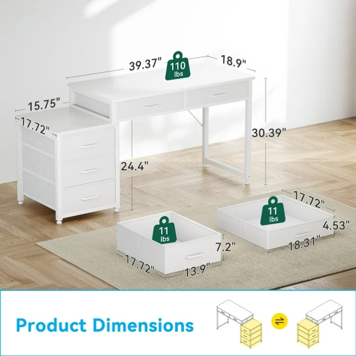 Casacomoda Computer Desk with 5 Drawers & Printer Stand, Reversible Storage Desk for Home Office, 53 Inch Writing Desk with Headphone Hook, White