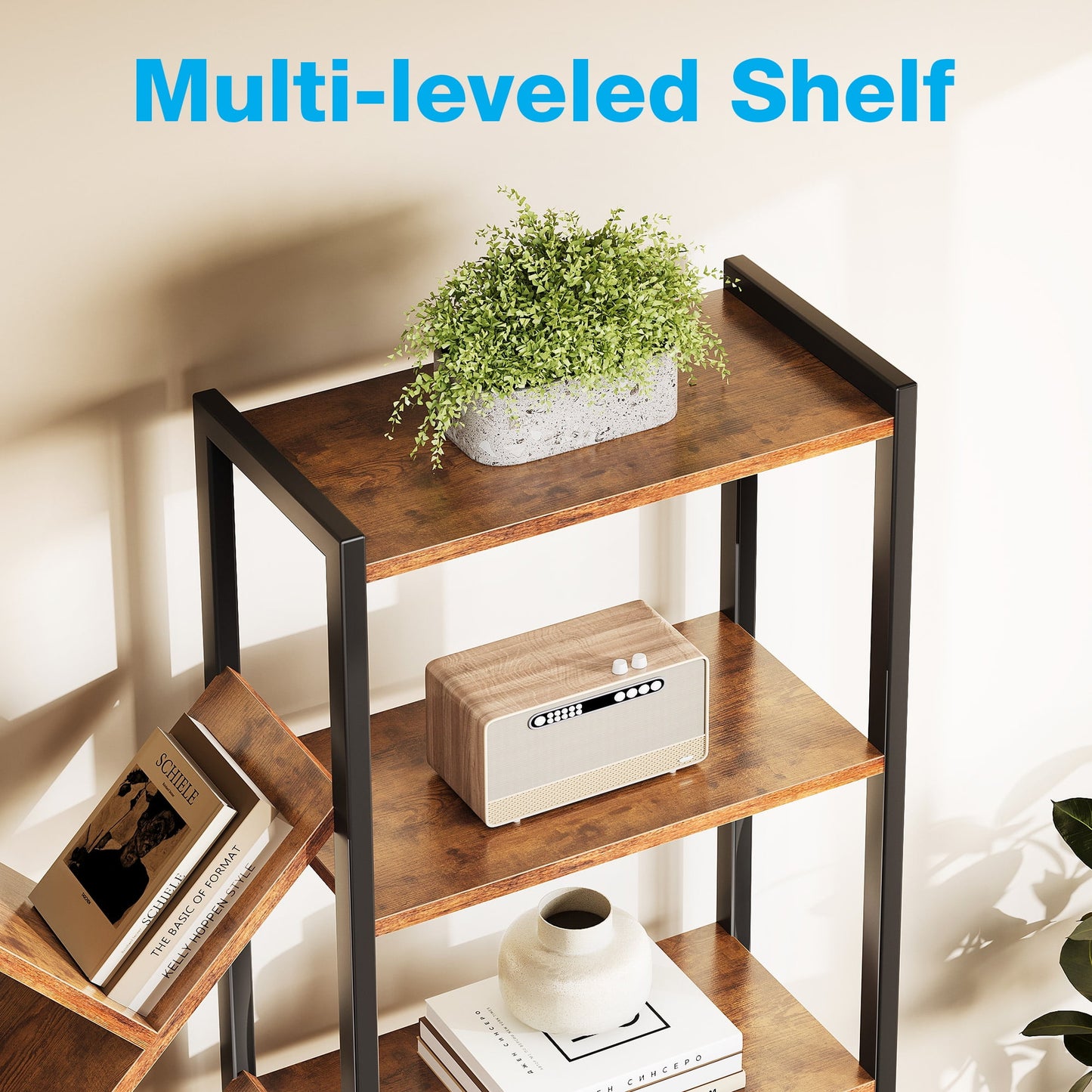 Triple 5-Tier Bookshelf with LED Lights for Living Room, 17 Open Shelves Large Bookcase with App Control RGB Light Strip, Modern Tree Design Storage Shelf with Metal Frame, Vintage