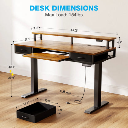 Casacomoda 47 inch Electric Standing Desk with Drawers & Keyboard Tray, Height Adjustable Gaming Desk with Power Outlets & LED Lights, Sit Stand Table with Monitor Stand for Home, Office, Vintage