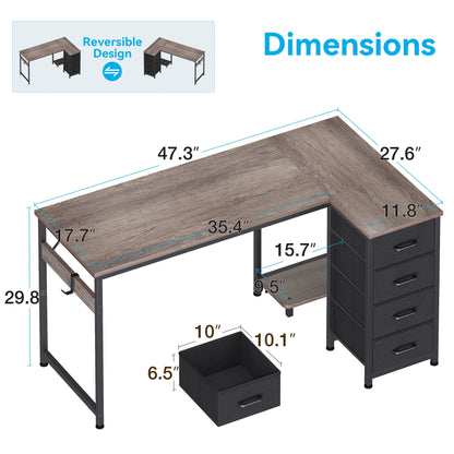 48 inch Computer Desk with 4 Fabric Drawers — Home Office Desks with Storage, Writing Desk with Side Hook, Desk Study/Work Table for Bedroom and Small Space, Oak Grey