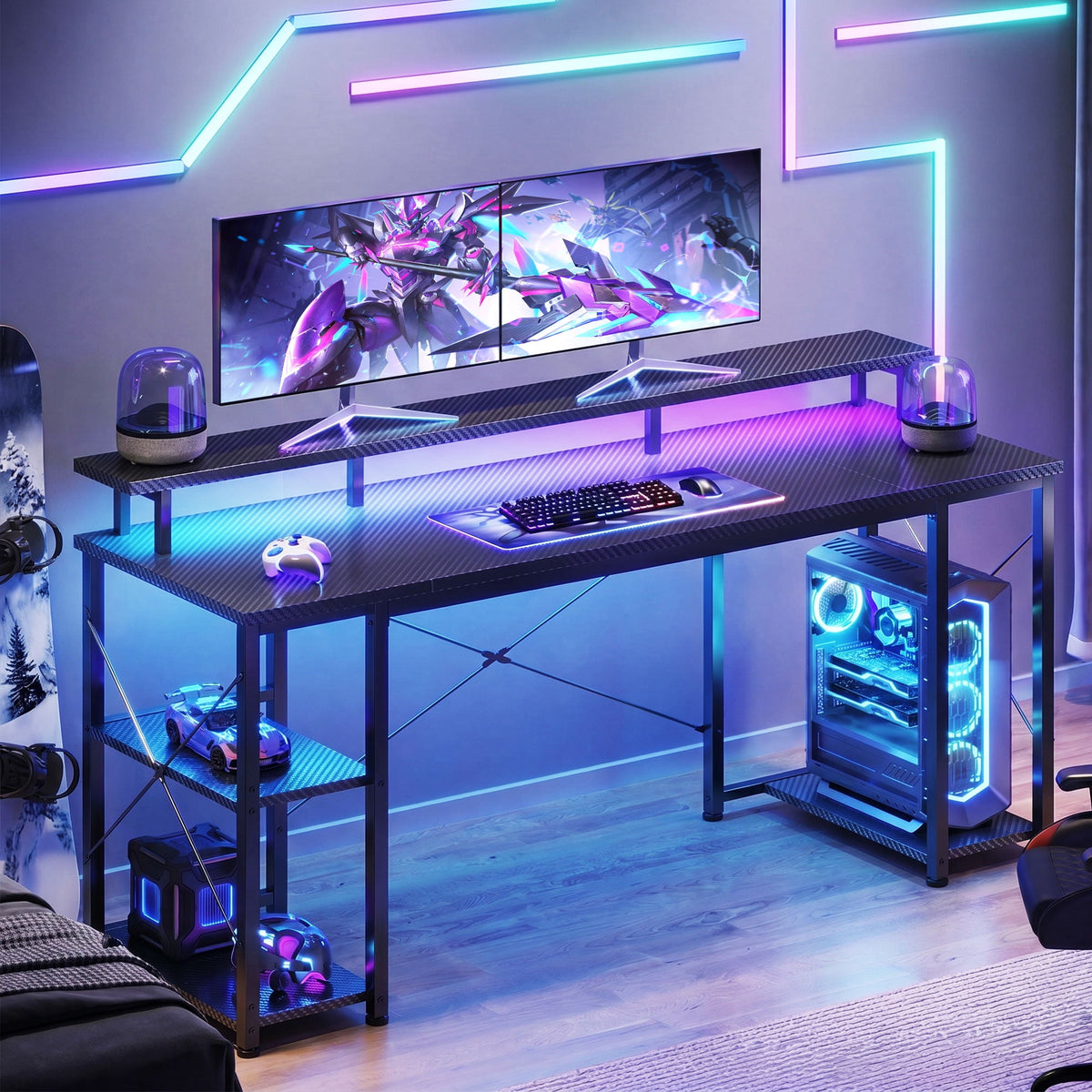 Casacomoda 55 Inch Gaming Desk with LED Lights, Computer Desk with Monitor Stand, Storage Shelves and CPU Stand, Home Office Desk, Black