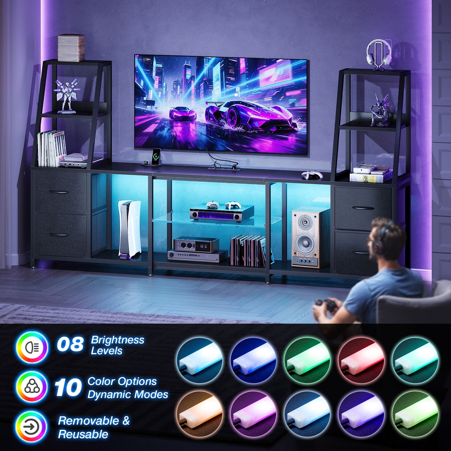 Casacomoda TV Stand for up to 65 Inch TV, 87" Entertainment Center with Power Outlets & LED Lights, Modern Media Console with Glass Shelf & 4 Fabric Drawers for Living Room Bedroom, Black
