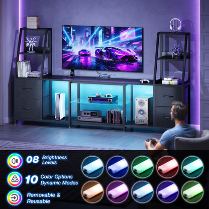 Casacomoda TV Stand for up to 65 Inch TV, 87" Entertainment Center with Power Outlets & LED Lights, Modern Media Console with Glass Shelf & 4 Fabric Drawers for Living Room Bedroom, Black