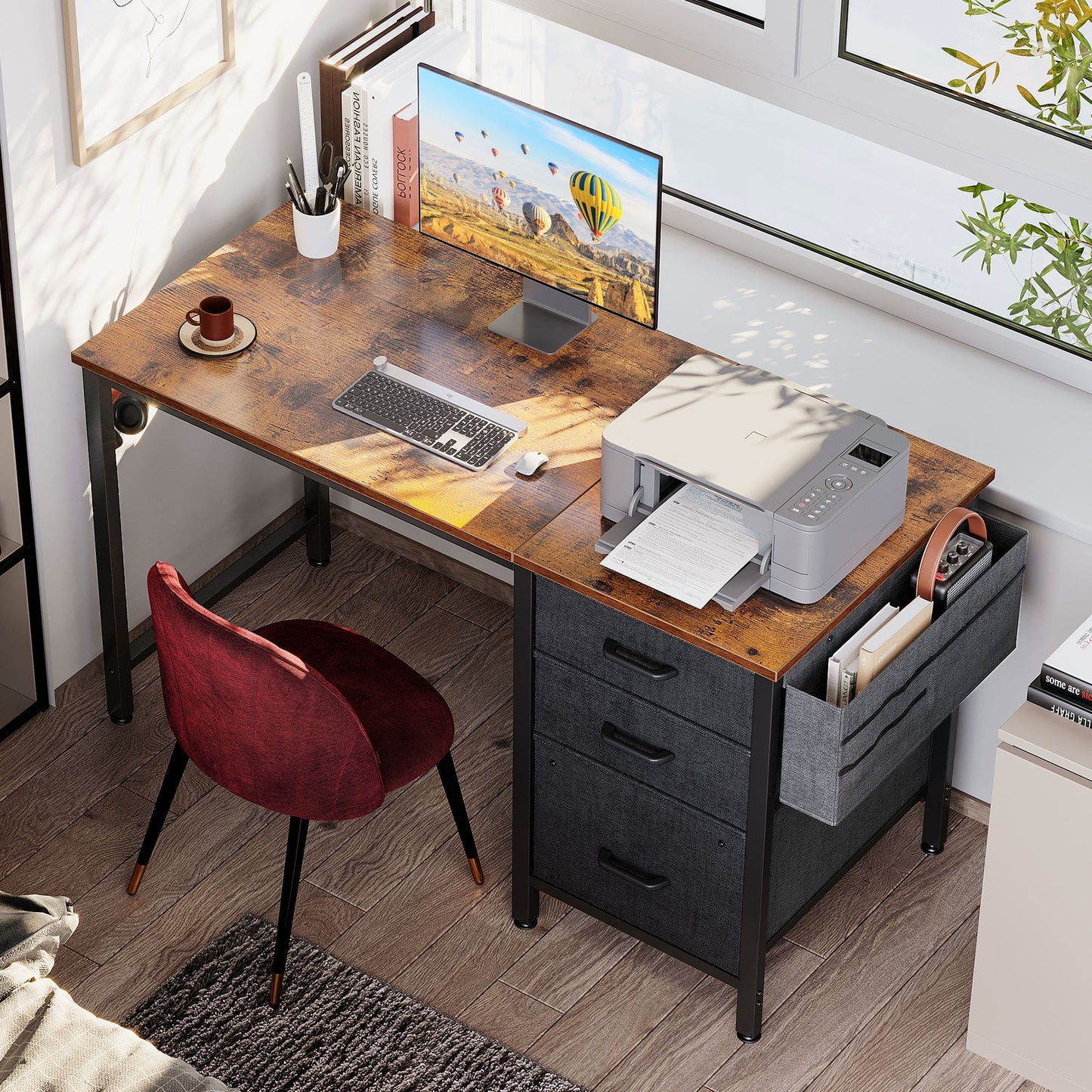 Casacomoda 40 inch Computer Desk with Fabric Drawers & File Cabinet, Home Office Desk with Cloth Storage Bag and Hook, Vanity Desk for Bedroom, Vintage and Black