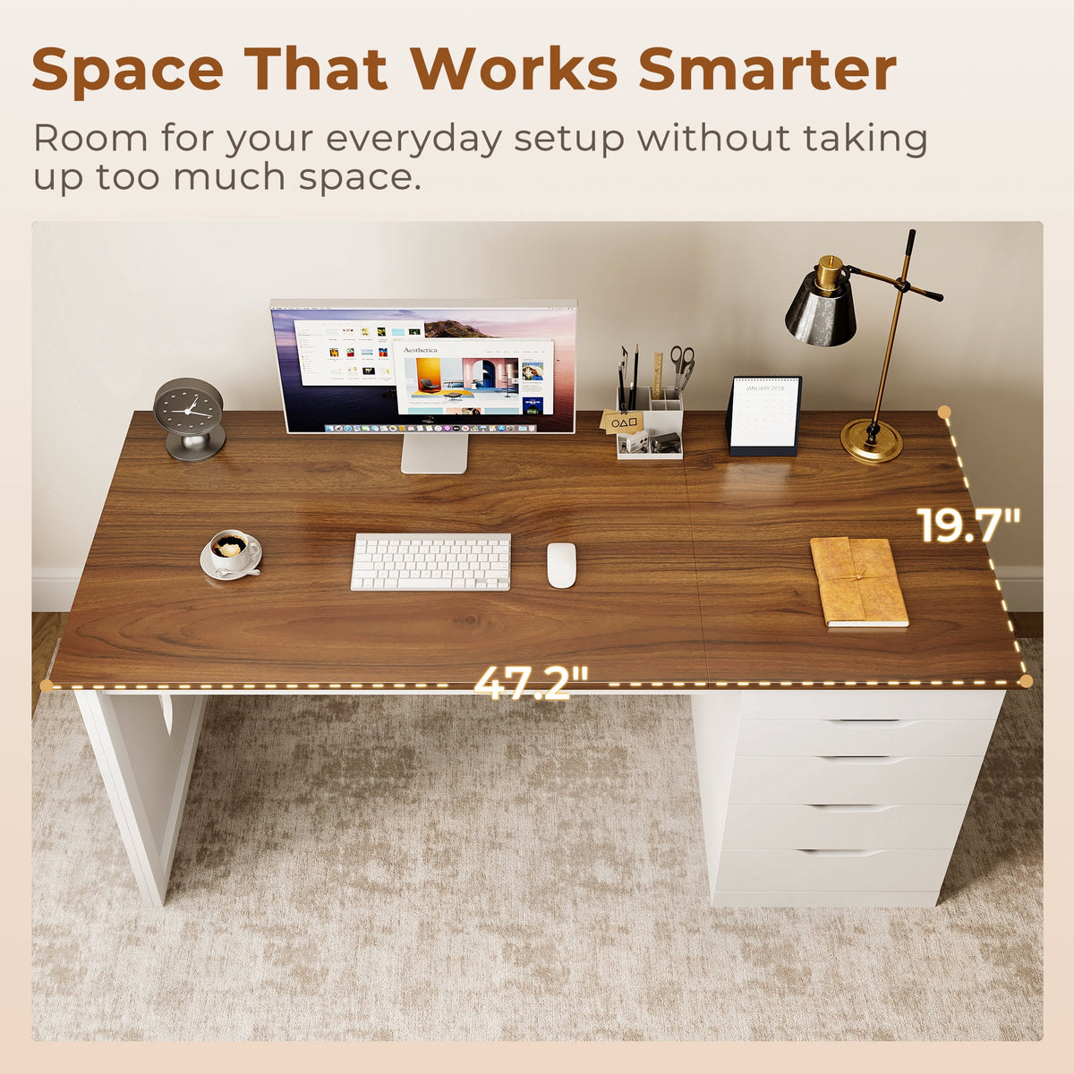 Casacomoda 47” Home Office Desk with 5 Drawers, Compact Writing Desk with Storage, Modern Computer Desk for Bedroom, Study Room and Small Spaces