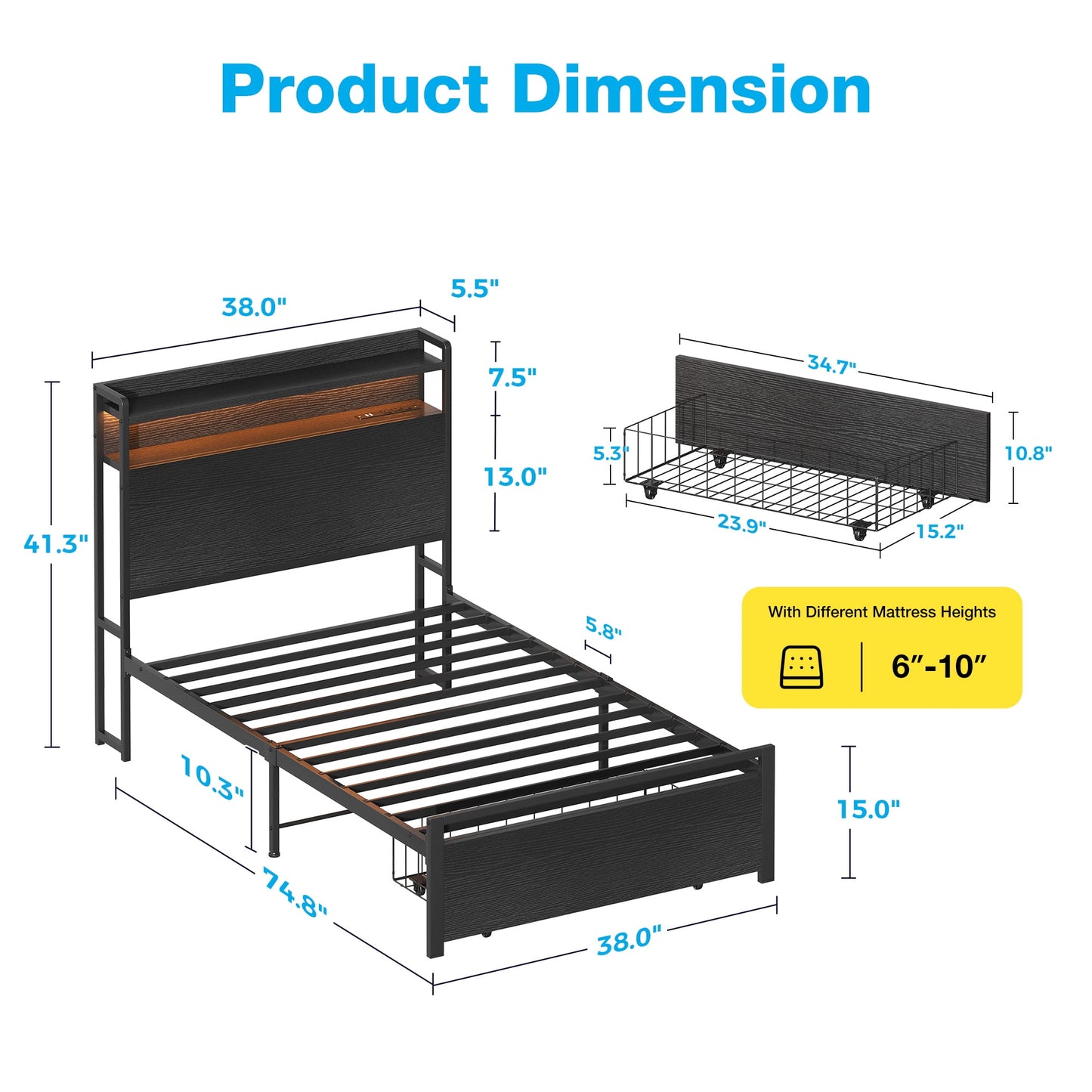 Casacomoda Twin Size Bed Frame with Storage Headboard, Metal Platform Bed Frame with Storage Drawer, Bed Frame with Charging Station & LED Light, No Box Spring Needed, Black