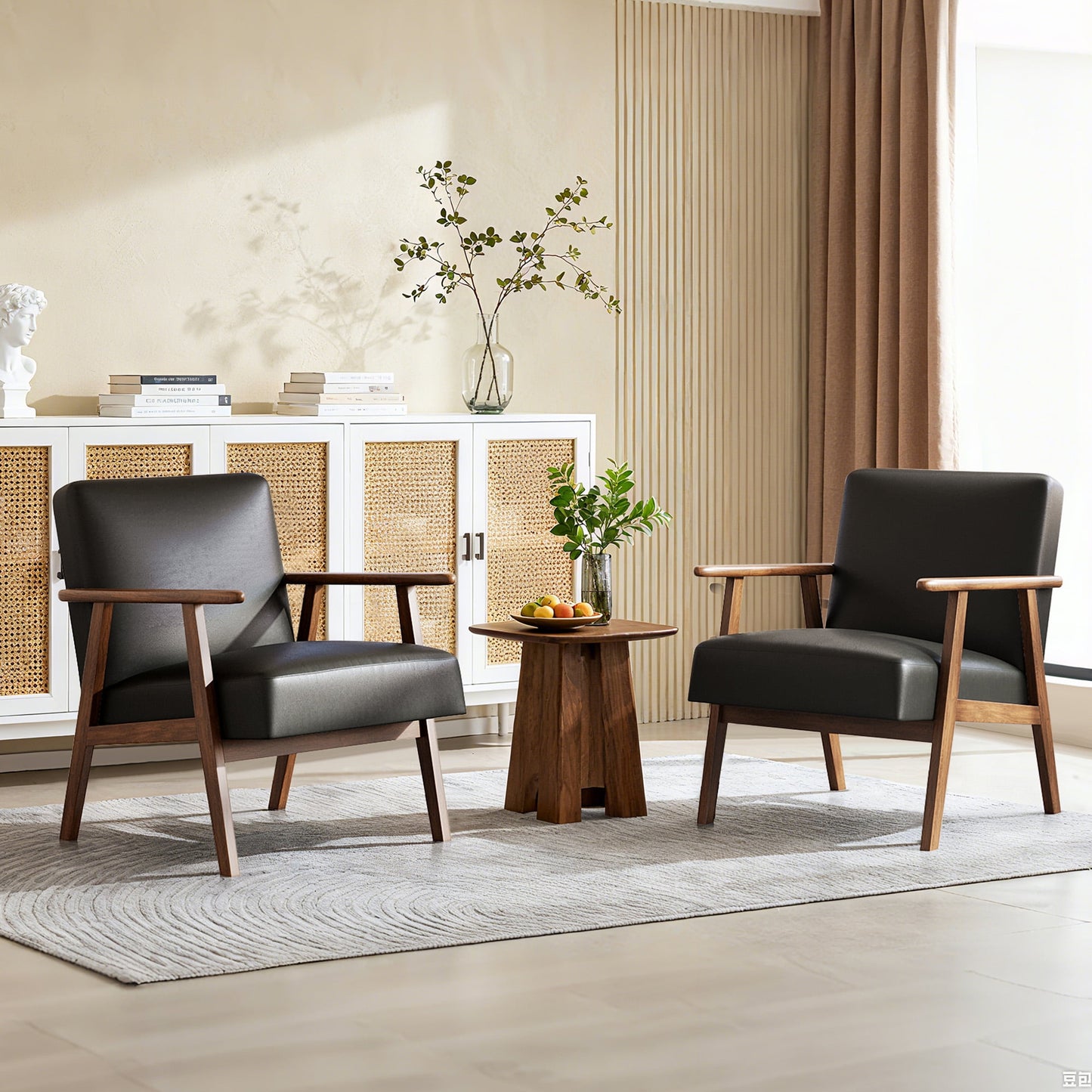 Casacomoda PU Leather Accent Chair for Bedroom, Living Room Chair with Solid Wood Legs, Reading Arm Chair with Soft Cushion for Adults, Black