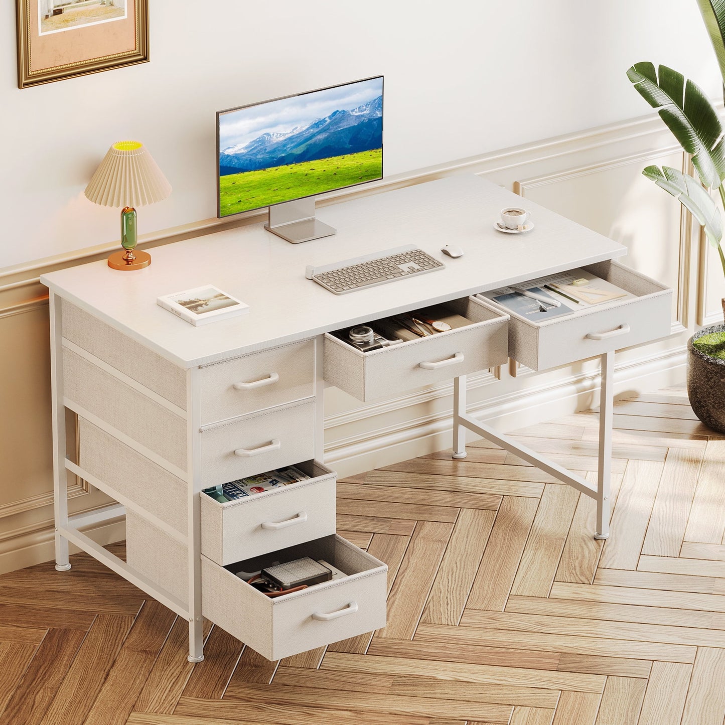Casacomoda 40" Home Office Desk with 6 Drawers, Modern Computer Desk with Small Space, Corner Computer Desk, Pure White