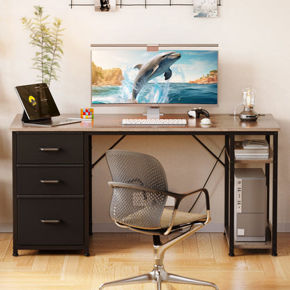 51 Inch Computer Desk with File Drawers & USB Power Outlets- Reversible Home Office Desk with Storage Shelves, Work from Home, Writing Table for Bedroom, Gray Oak