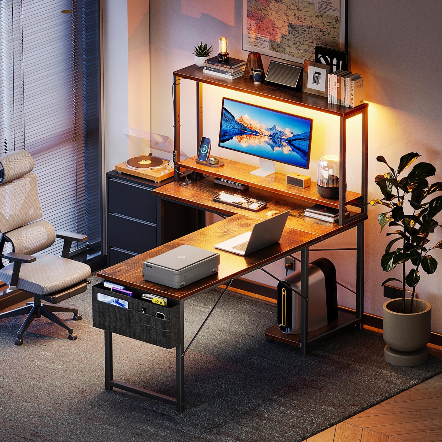 Casacomoda 53 Inch L Shaped Desk with LED Light & Power Outlet, Reversible L Shaped Computer Table with Shelf & Storage Bag & Hook for Home Office, Vintage