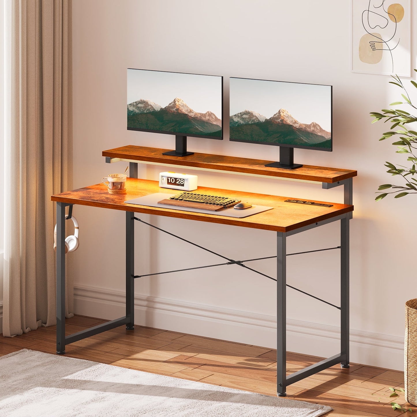Casacomoda 48 inch Computer Desk with Monitor Stand, Home Office Desk with Charging Station & LED Light, Simple Modern Style Laptop Desk for Small Space, Vintage