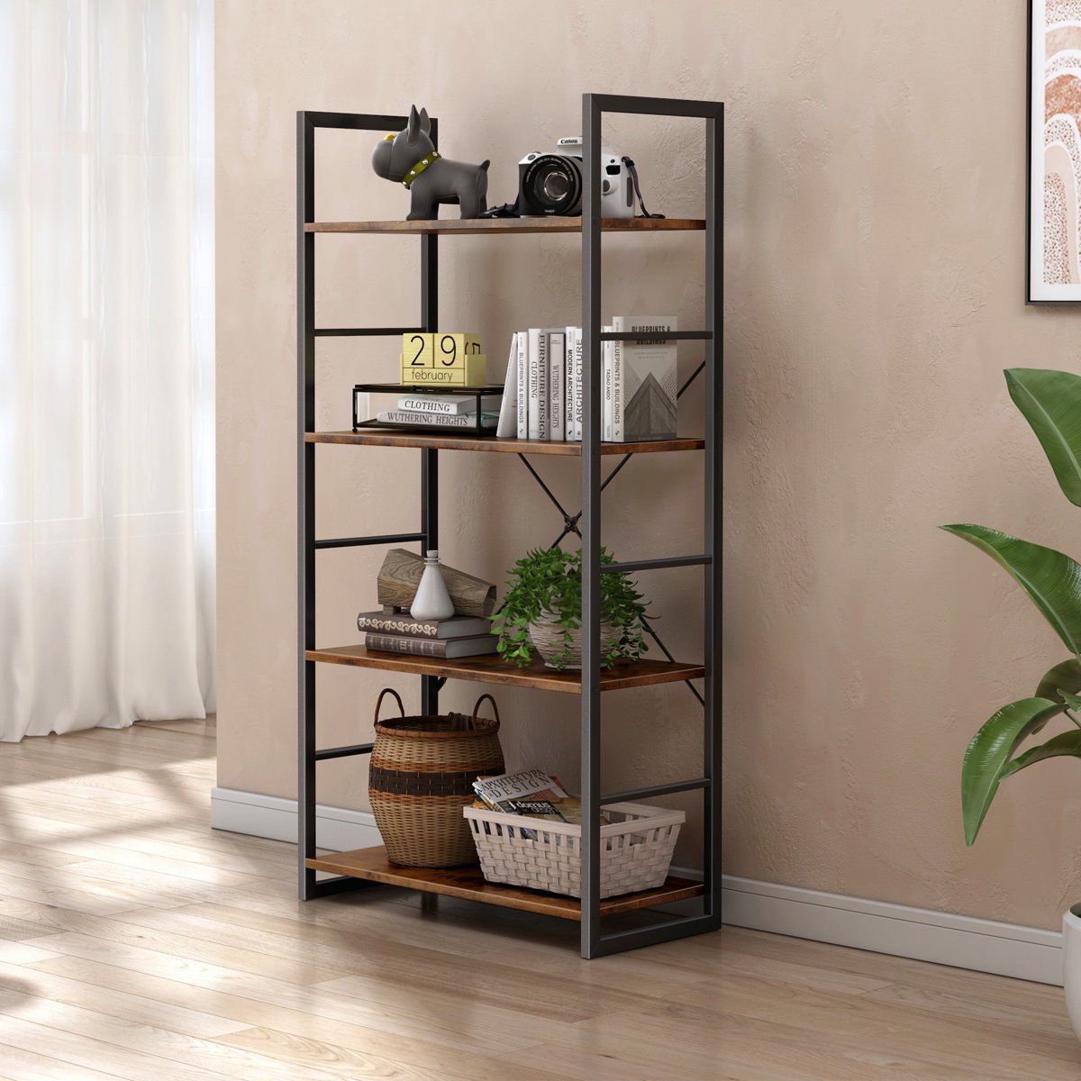 Casacomoda 4-Tier Etagere Bookcase, 47.2" H × 23.6" W, Industrial 4-Shelf Storage Rack, Black