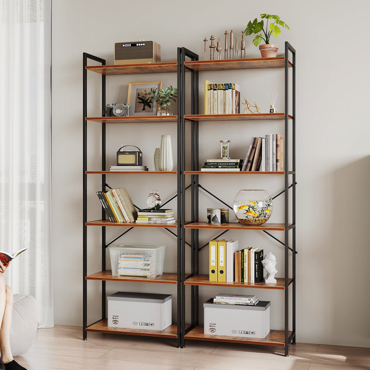 Casacomoda 6-Tier Tall Bookshelf, Large Bookcase with Steel Frame, Deep Book Shelf for Living Room, Home Office, Study, Industrial Style, Vintage