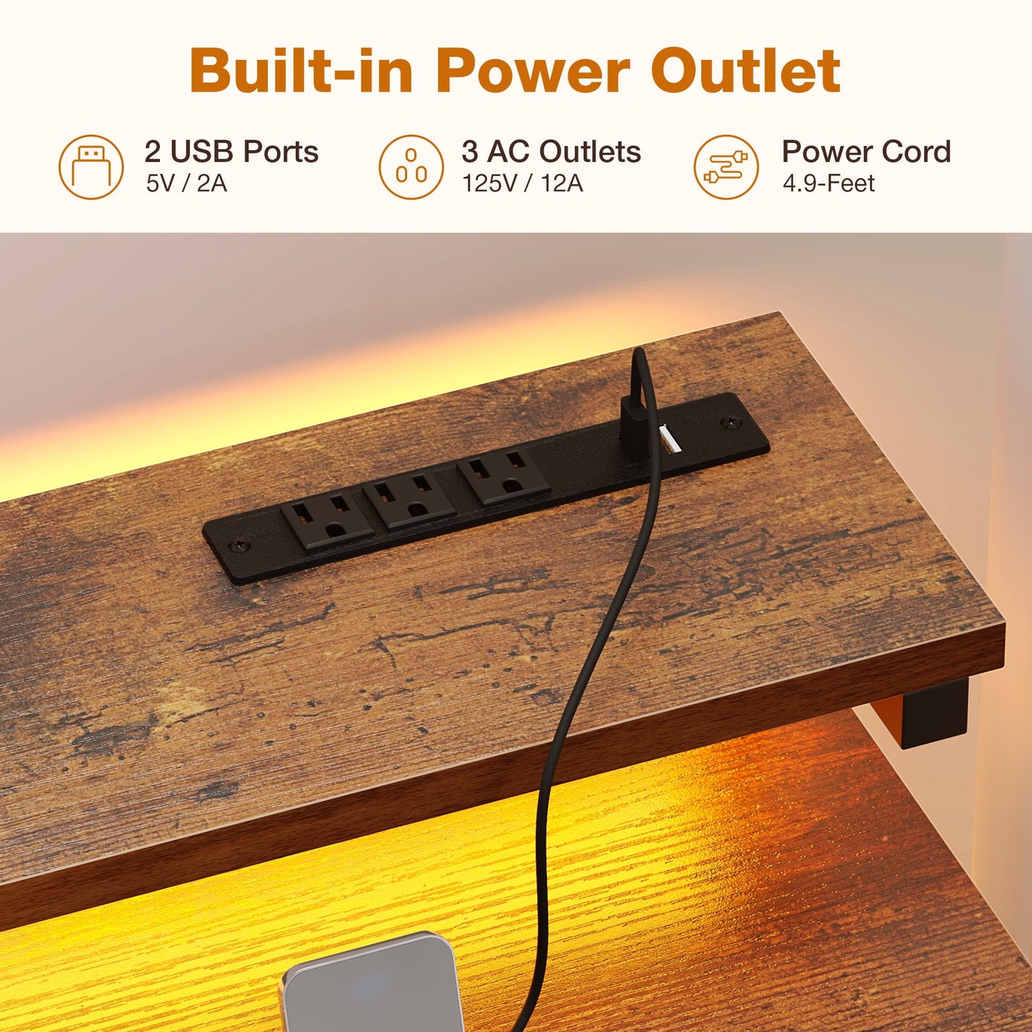 Gaming Desk with LED Lights and Power Outlet, 48 Inch Reversible L Shaped Computer Desk with Fabric Drawer, Monitor Stand and Headphone Hook, Home Office and Gaming Desk, Vintage