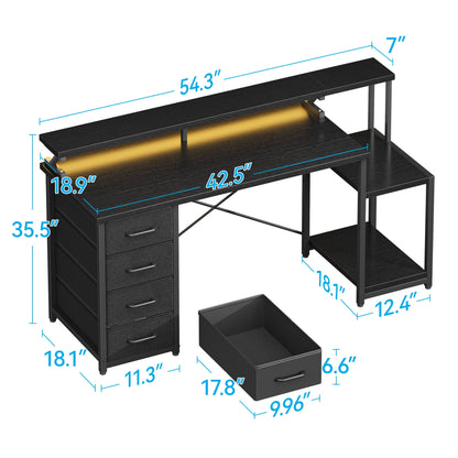 Casacomoda 55 Inch Computer Desk with LED Light, Monitor Stand, Desk with 4 Drawers, Home Office Desk with Storage Shelves, White Office Desks, Black