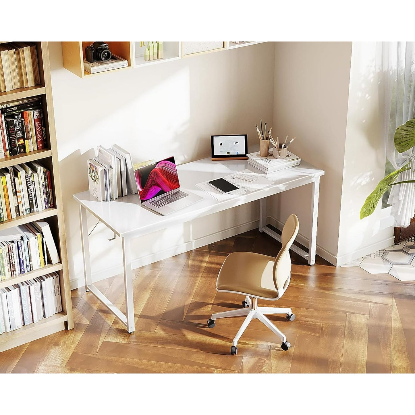 Casacomoda 54 inch Computer Desk with Headphone Hooks, Home Office Desk for Large Spaces, Simple Modern Desk for Studying & Writing, White