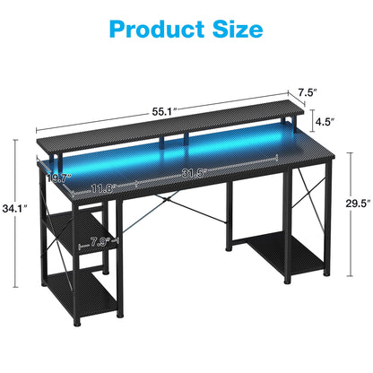 Casacomoda 55 Inch Gaming Desk with LED Lights, Computer Desk with Monitor Stand, Storage Shelves and CPU Stand, Home Office Desk, Black