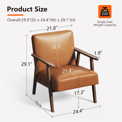 Casacomoda PU Leather Accent Chair for Bedroom, Living Room Chair with Solid Wood Legs, Reading Arm Chair with Soft Cushion for Adults, Brown