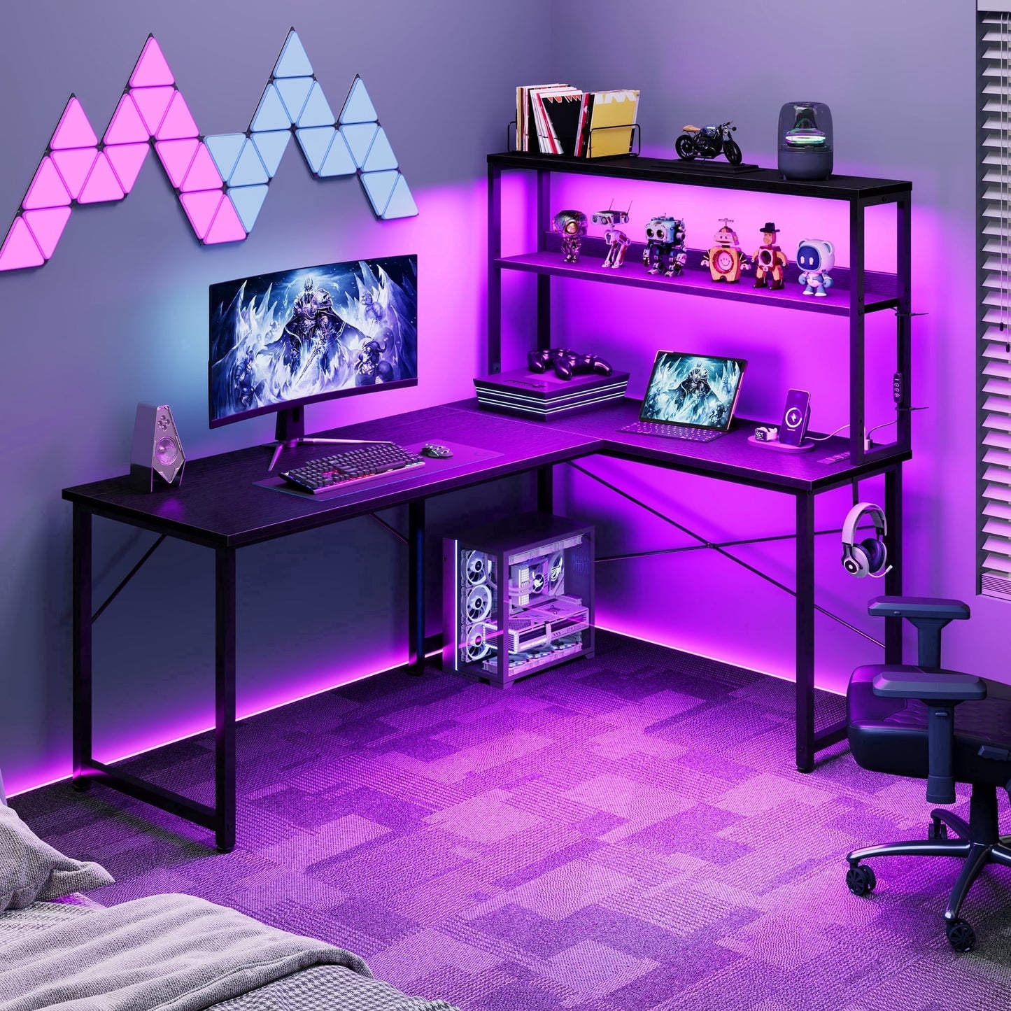 53 Inch L-Shaped Office Desk with Power Outlets, Gaming Desk with LED Lights for Home Office, Corner Computer Desk with Hutch, Black