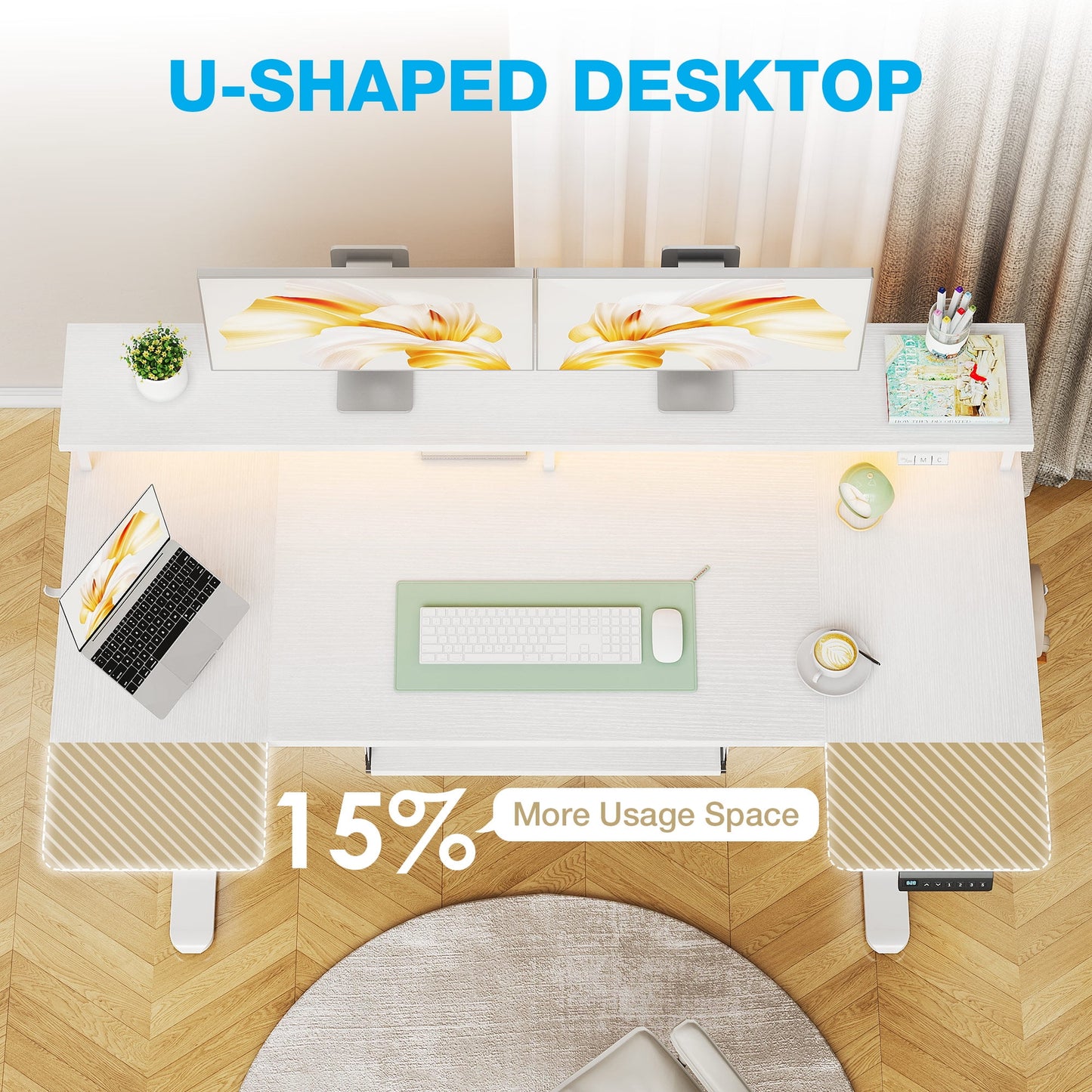 Casacomoda 55 Inch U-Shaped Electric Standing Desk with Power Outlets & LED Lights, Height Adjustable Desk with Keyboard Tray, Sit Stand Table with Monitor Stand for Home, Office, White
