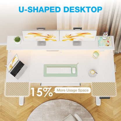 Casacomoda 55 Inch U-Shaped Electric Standing Desk with Power Outlets & LED Lights, Height Adjustable Desk with Keyboard Tray, Sit Stand Table with Monitor Stand for Home, Office, White