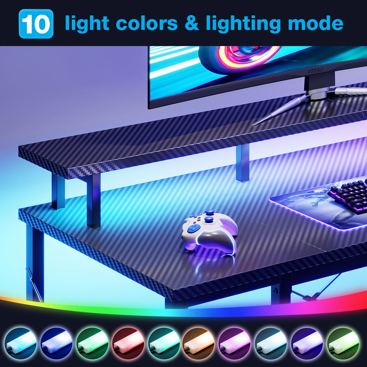 Casacomoda 55 Inch Gaming Desk with LED Lights, Computer Desk with Monitor Stand, Storage Shelves and CPU Stand, Home Office Desk, Black