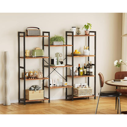 Casacomoda Triple Wide 4 Tier Bookshelf, Rustic Industrial Style Bookcases with 15 Open Display Shelves, Modern Tall Bookcase Furniture for Bedroom, Living Room and Home Office, Rustic Brown
