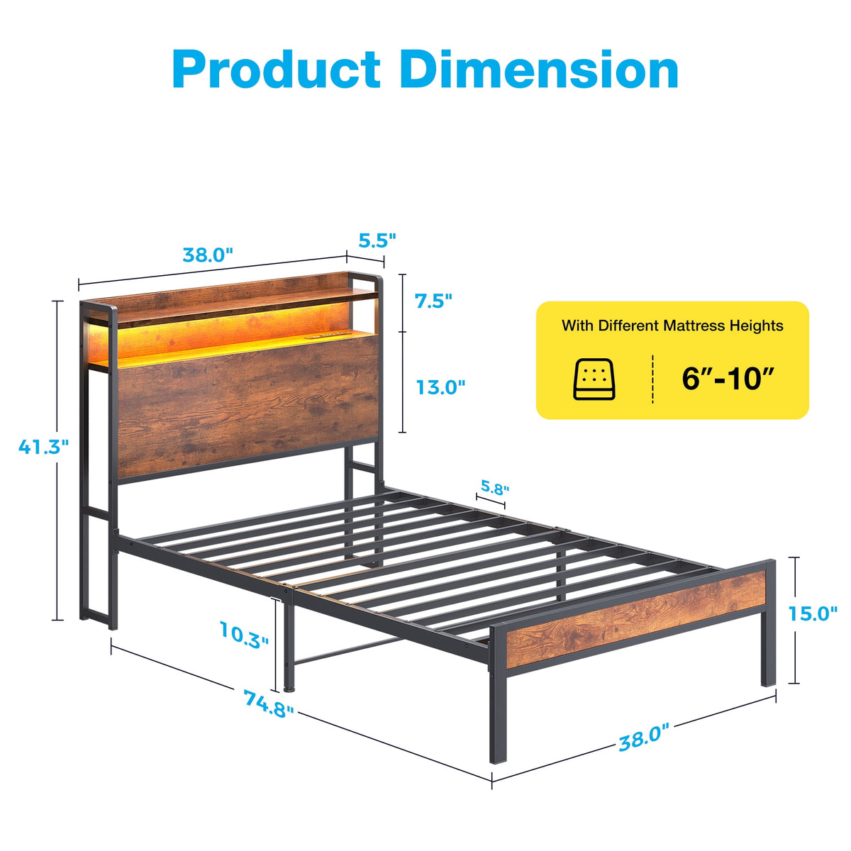 Casacomoda Twin Bed Frames, Storage Headboard with Charging Station, RGB Light Strips, Solid and Stable, Noise Free, No Box Spring Needed, Easy Assembly, Vintage