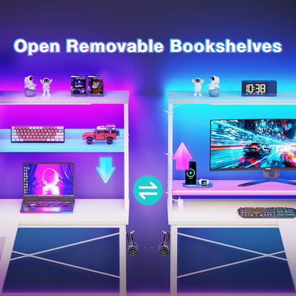 Casacomoda 53 Inch L Shaped Desk with LED Light & Power Outlet, Reversible L Shaped Computer Table with Shelf & Storage Bag & Hook for Home Office, White