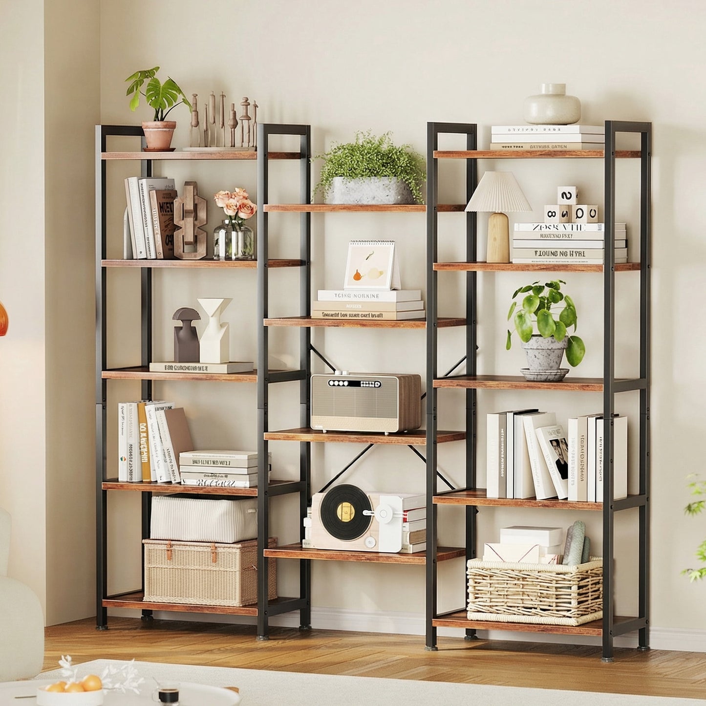 Casacomoda Triple Wide 5 Tier Bookshelf, Rustic Industrial Style Bookcases with 15 Open Display Shelves, Modern Tall Bookcase Furniture for Bedroom, Living Room and Home Office, Rustic Brown