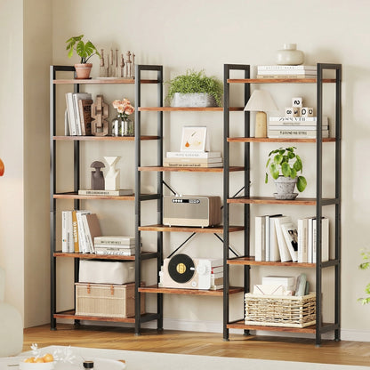 Casacomoda Triple Wide 5 Tier Bookshelf, Rustic Industrial Style Bookcases with 15 Open Display Shelves, Modern Tall Bookcase Furniture for Bedroom, Living Room and Home Office, Rustic Brown