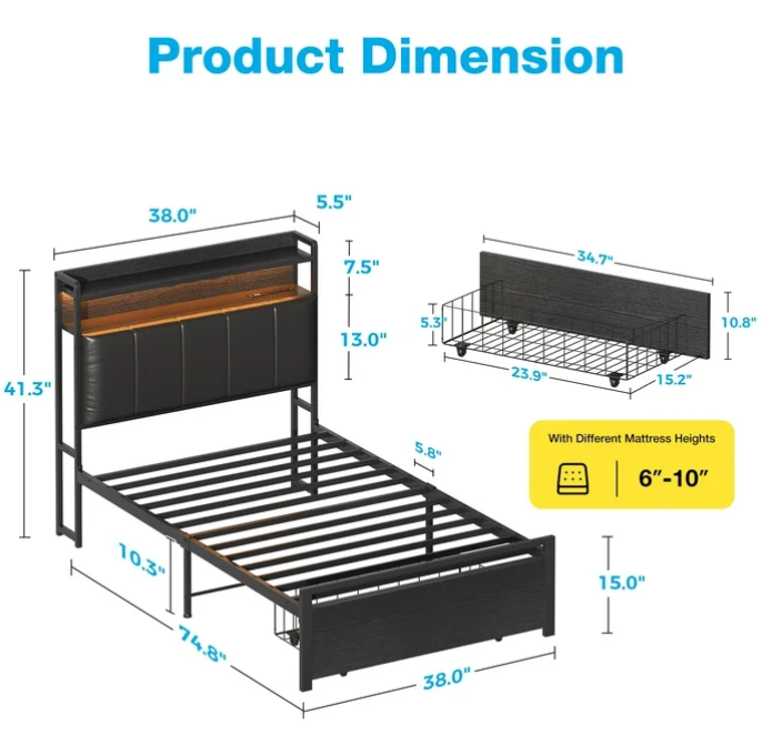 Bed Frame Twin Size with Storage Headboard and Drawer, Upholstered Platform Bed with Charging Station and LED Light, Heavy Duty Frame Support, No Box Spring Needed, Noise Free, Black