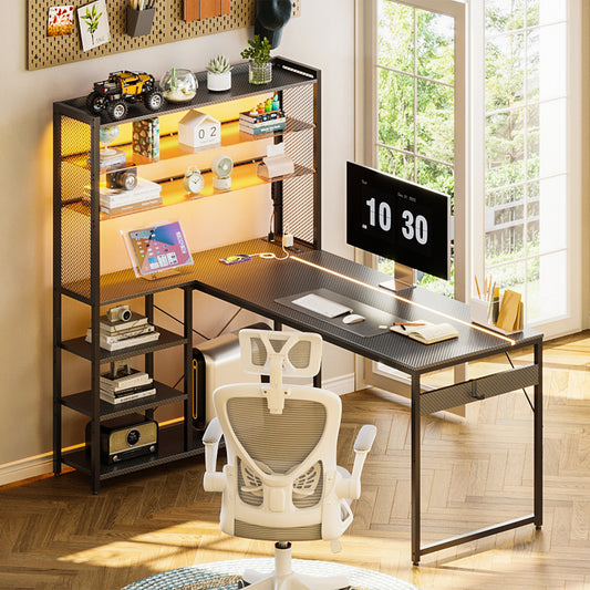 KKL L Shaped Gaming Desk, Reversible Computer Desk with Power Outlet, Gaming Table with LED Lights, L Shaped Desk with Glass Display Storage Shelves, Glass Gaming Desk, Black