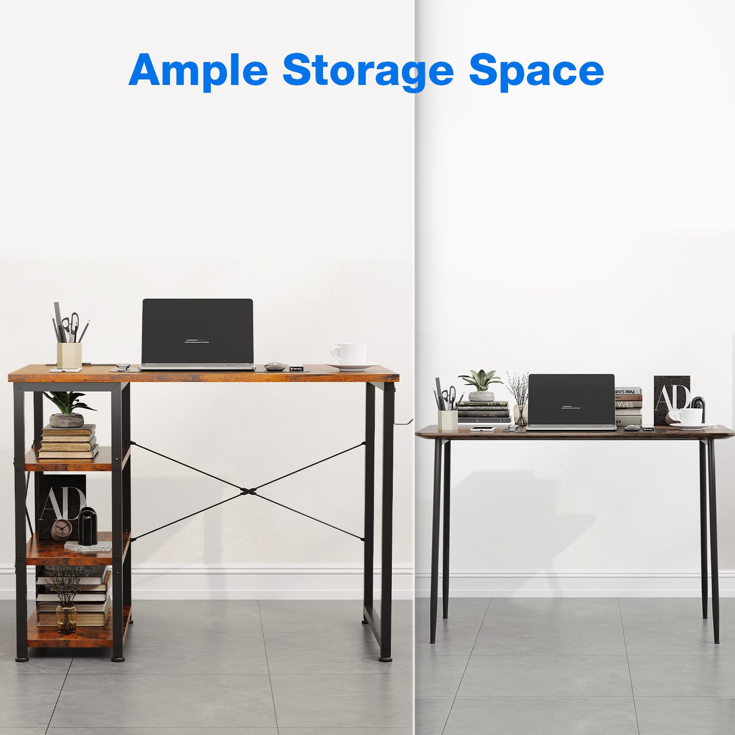 Casacomoda 32 inch Writing Desk with 3 Tier Shelves for Small Space, Computer Table with Power Outlets, Vintage