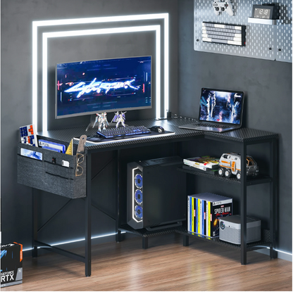 Casacomoda 40 Inch L Shaped Computer Desk with Power Outlet & Storage Shelves, Small Corner Desk with CPU Stand and Fabric Storage Bag, Home Office Desk, Black Carbon