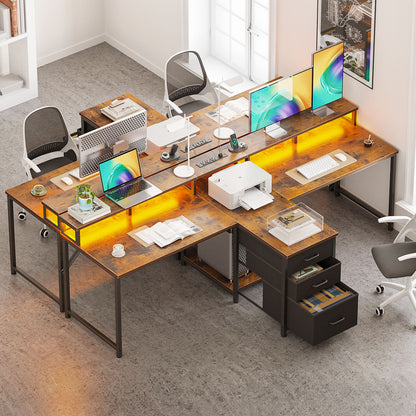 2 Person Desk with Power Outlet & LED Light, Extra Long Double Computer Desk with Fabric Drawers & File Cabinet, 94 Inch Writing Desk with Monitor Stand, T Shaped Gaming Desk, Vintage
